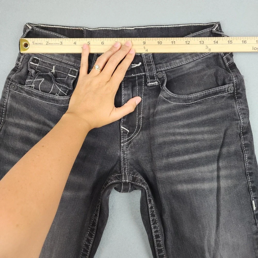 True Religion Jeans Mens 29x32 Gray Straight Flap Dark Wash Stretch Denim Stitch